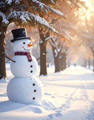 Obraz premium A snowman wearing a hat and scarf in a snowy forest
