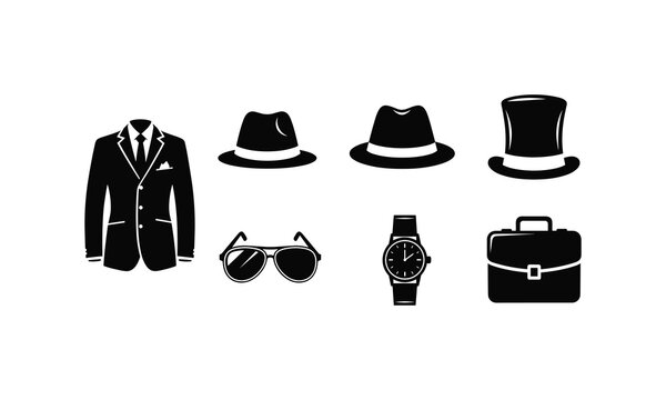Mens fashion accessories, suit, hats, sunglasses, watch, briefcase, vector.