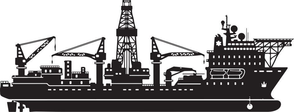 Industrial cargo ship, oil rig vessel, black silhouette, industrial maritime, drilling platform