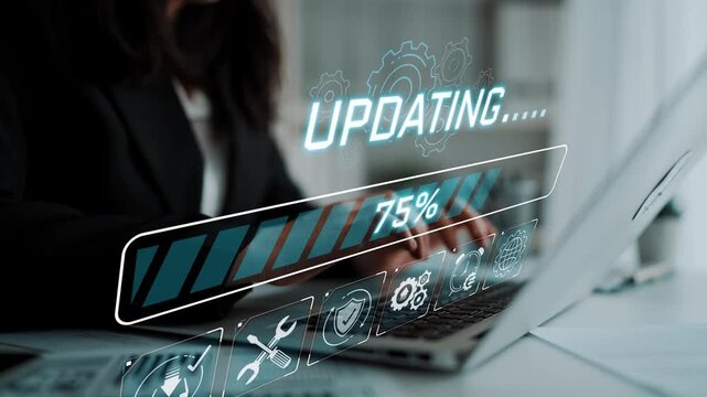 Business Professional Updating Software on Laptop with Digital Progress Bar and Gear Icons Indicating System Maintenance and Technological Advancement Sigmoid