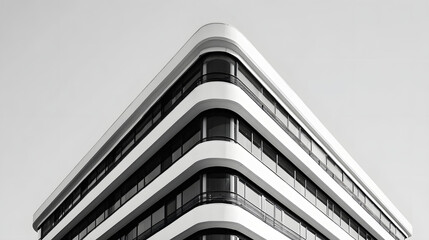 Obraz premium Black and white minimalist architectural shot of modern building with curved edges and horizontal lines creating sleek, elegant urban design