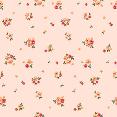 Seamless floral pattern, liberty ditsy print of mini gentle bouquets. Cute botanical design in country motif. Small hand drawn yellow flowers, tiny leaves, simple pretty plants. Vector illustration. © Yulya i Kot