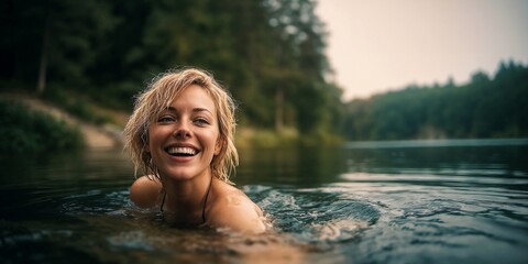 Fototapeta premium Happy blonde young woman, girl with wet hair joyfully smiling, bathing,swimming in natural lake, water during a refreshing summer day, enjoying the serene outdoor environment, nature, portrait
