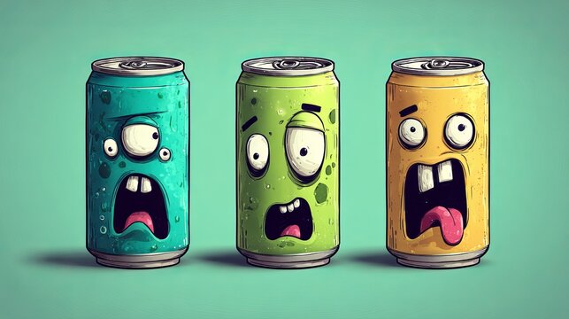 A cartoon illustration of three colorful cans with shocked and surprised expressions on their faces.