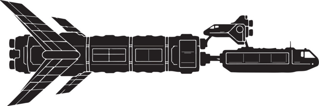 Space station, futuristic spacecraft, black vector illustration, solar panels, modules