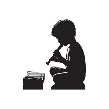 Silhouette of a young child sitting and playing a recorder next to a xylophone on a white background