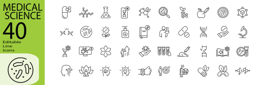 Medical Science icon set. Editable stroke. Vector illustration.