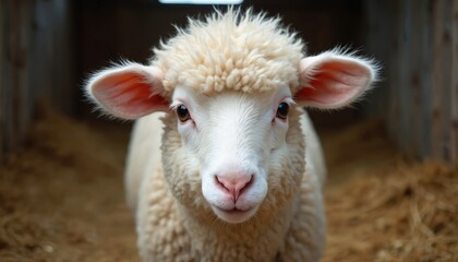 Fototapeta premium White sheep with fluffy wool stands in barn hay. Livestock farm animal looks directly at camera. Cute mammal poses with big ears in rustic countryside setting.