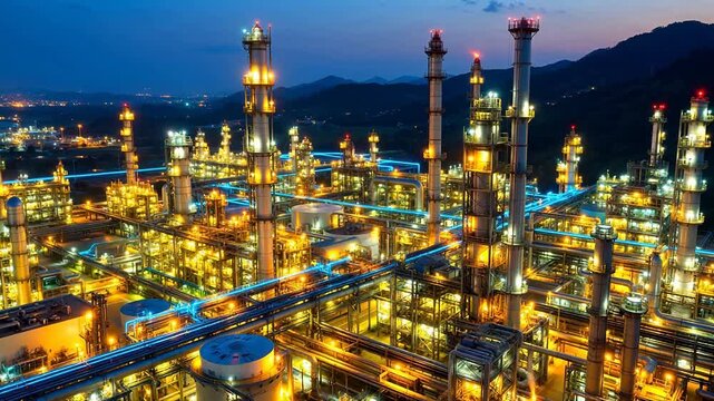 Industry 4.0 Nighttime view of illuminated industrial refinery for Smart Manufacturing and Automation