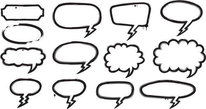 A collection of various black hand-drawn speech bubbles and conversational doodle elements isolated on a white background.
