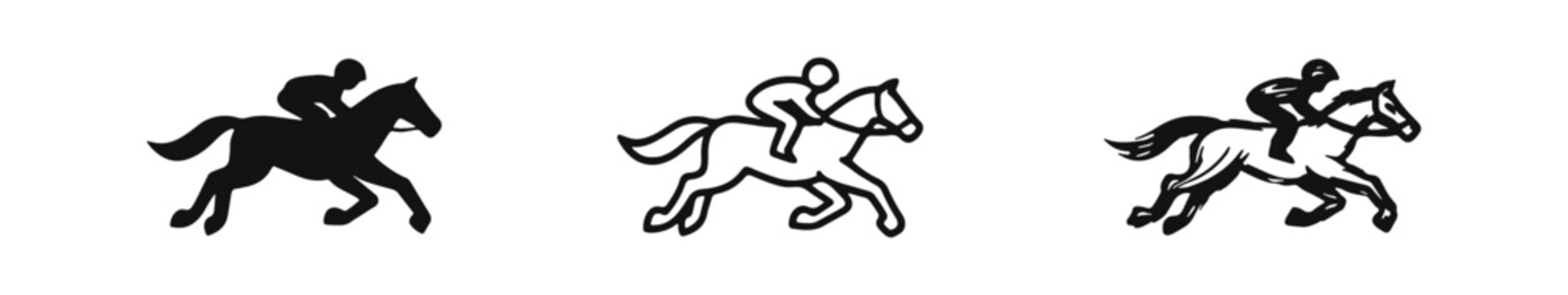 Horse racing icons set. Jockey riding a galloping horse vector illustration in solid, outline, and hand-drawn doodle style.