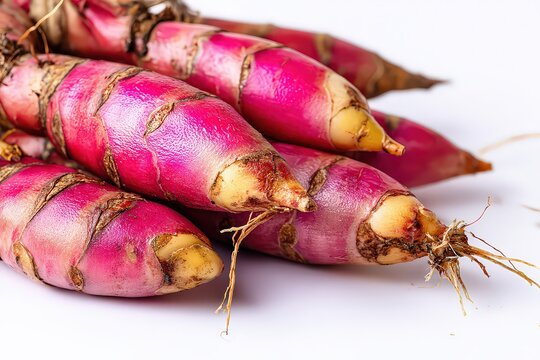 Heap of Freshly Harvested Oca Tubers with Vibrant Pink Skin and Yellow Flesh Set Against a Clean White Background Illuminated by Soft Natural Light