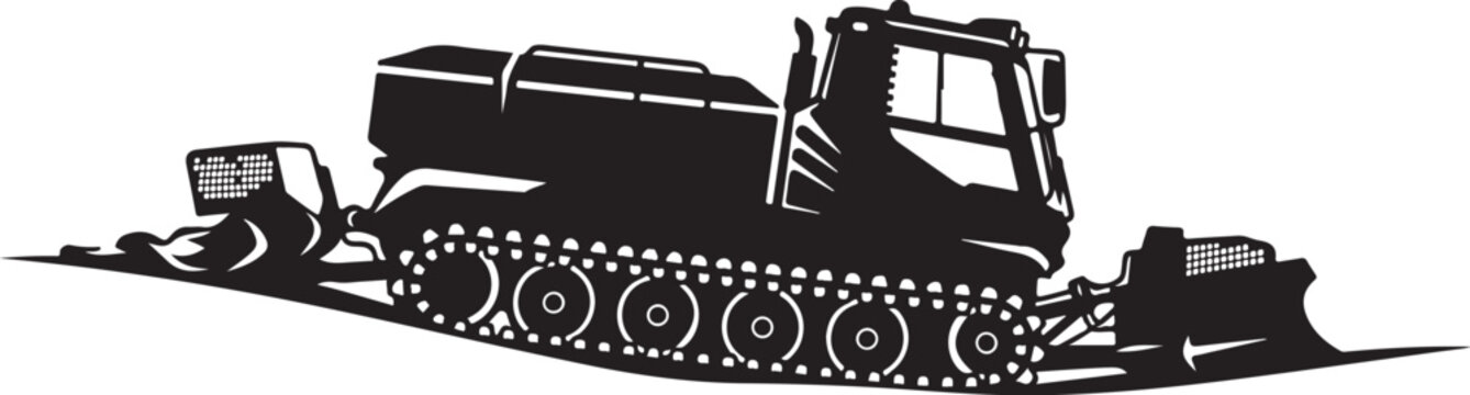 Black snow groomer tractor, snowcat vehicle, winter sports equipment, heavy machinery