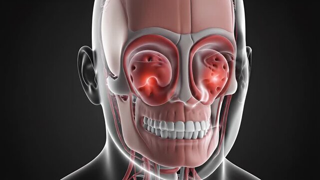 CGI Visualization of Sinus Pressure Buildup Behind the Nose and Eyes Showing Red Inflamed Areas with Blood Vessels on Dark
