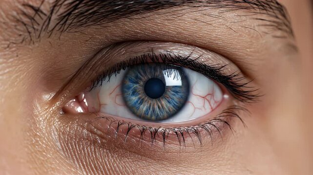 Close Up Extreme Macro Shot of a Blue Human Eye Iris Showing Detailed Blood Vessels and Reflective Pupil for Vision Science