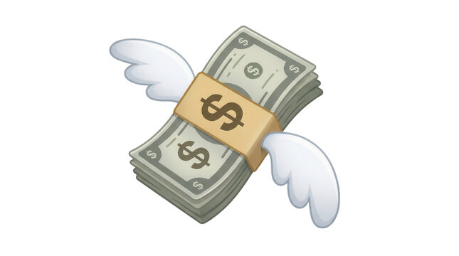 A cartoon stack of dollar bills with white wings flying represents financial loss or quickly spent money isolated on transparent background