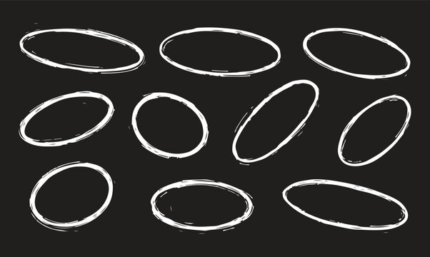 A collection of nine simple, hand-drawn white oval circles and elliptical frames set against a solid black background.