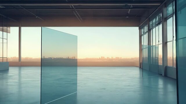 Empty industrial loft with minimalist modern architecture, clear glass partitions and floor to ceiling windows framing a panoramic city sunset view and serene open space