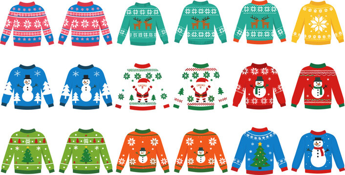 Ugly Christmas Sweater Collection Featuring Festive Winter Knitted Jumpers with Snowman Reindeer Santa and Holiday Patterns for Seasonal Clothing Design