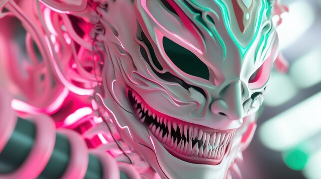鋭い歯を見せて笑う怪物の顔。白とピンクの有機的な造形。ホラーとSFが融合した異形のクリーチャー