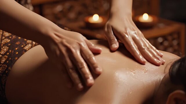 Close up Javanese massage therapist hands performing soothing back massage with aromatic oil warm candle light creates relaxing