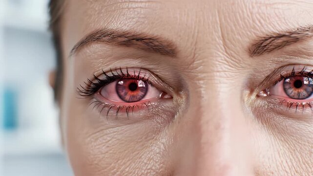 Close Up Macro Of A Woman's Irritated Red Eyes Showing Conjunctivitis Symptoms With Detailed Skin Texture