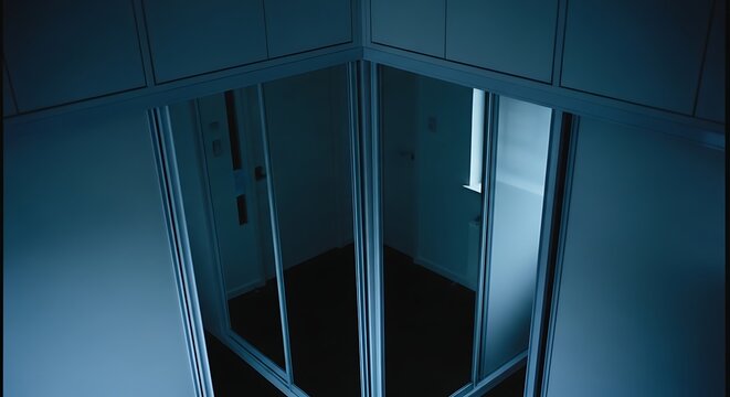 Interior View of a Modern Dark Bedroom with Sliding Door Wardrobes