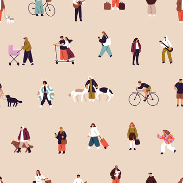 Repeatable pattern of tiny people walking in city. Endless background of men and women riding a bike, scooter, strolling dogs, playing music and having fun outdoors. Flat seamless vector illustration