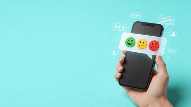 Hand holding smartphone displaying floating feedback icons with happy neutral sad emojis and rating stars on blue background for customer service review concept