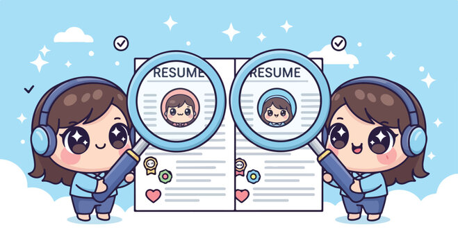 Cute cartoon characters holding resumes and CVs with smiling faces and professional appearance for job application