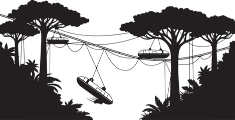 Obraz premium Black jungle rope bridge, tree silhouettes, zipline, tropical foliage, adventure travel