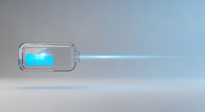 Battery icon with a glowing blue charge level represents the efficient storage of electrical energy for modern portable technology.