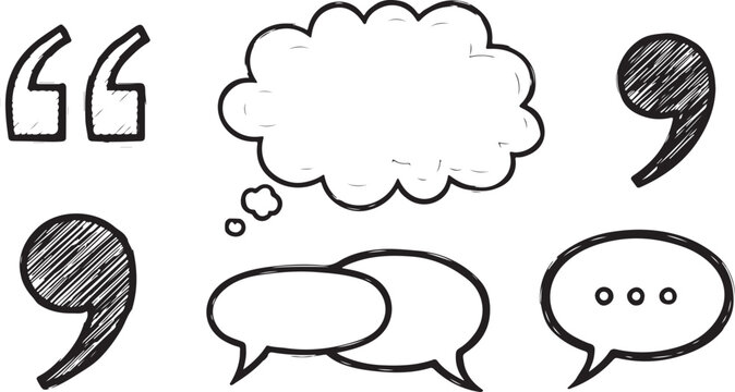 A set of black hand-drawn speech bubbles and conversational icons on a white background.