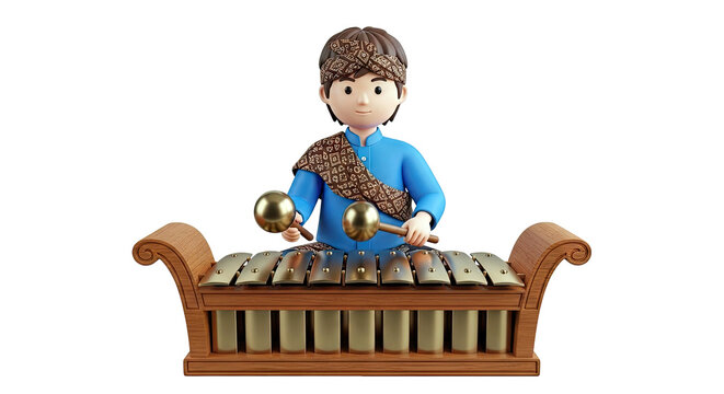 3D Illustration of a Boy Playing the Gamelan