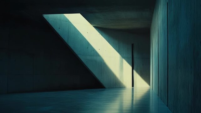 Interior space of a modern architectural structure with bare concrete walls and floor, featuring a diagonal skylight creating a strong beam of natural sunlight and deep shadows