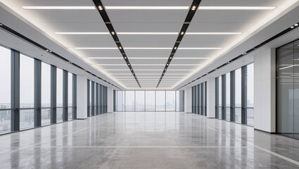 Fototapeta premium Modern Empty Office Space with Panoramic Windows and Bright Lighting