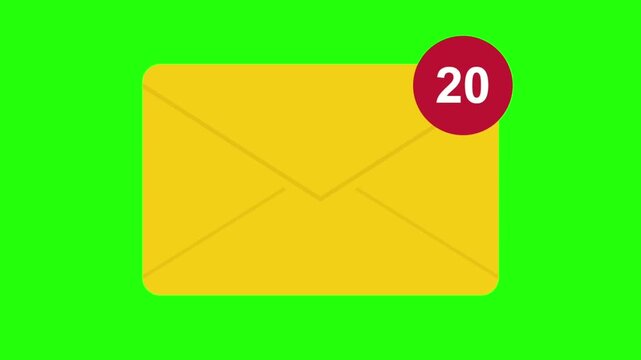 Yellow Email Envelope Animation with Red Notification Bubble and Changing Numbers on Green Screen Background for Digital Communication Concepts