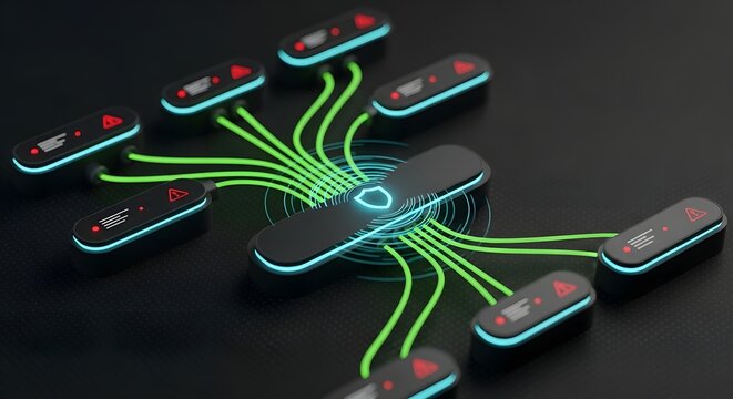 Cybersecurity hub connects multiple digital nodes with glowing green data streams to defend against incoming network threats in a modern virtual environment.
