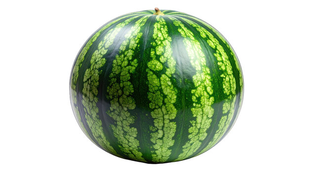 A whole, ripe, green watermelon with distinctive dark green stripes on a white background