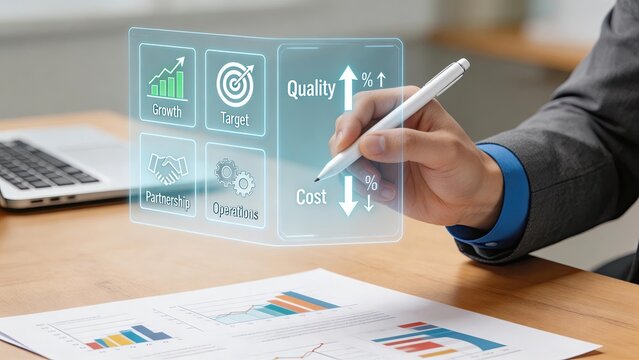 Businessman using digital hologram interface for data analysis growth target partnership operations quality cost management financial report laptop office technology innovation