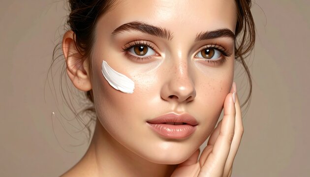 A woman with a smear of white cream on her cheek