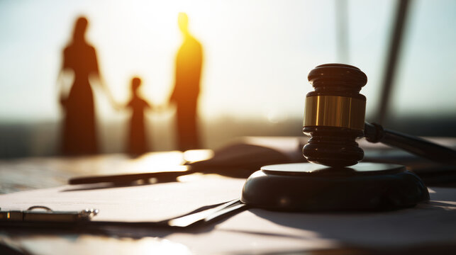 Gavel on legal documents with a blurred family silhouette in the background, symbolizing family law, divorce, and legal support