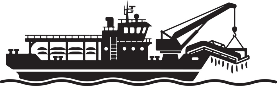 Industrial cargo ship, black silhouette, crane barge, maritime vessel, nautical icon
