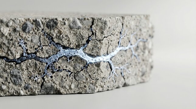 Self-healing concrete cross-section with microcapsules repairing cracks