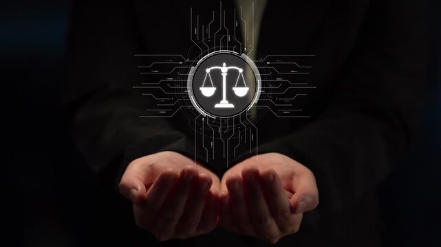 Futuristic digital law interface displaying justice scale, highlighting digital law, AI compliance, digital law systems, and digital law regulations for secure governance. Muxer