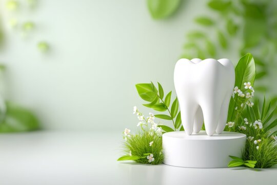 Bright and Clean Dental Theme with Enamel Tooth Surrounded by Greenery and Flowers