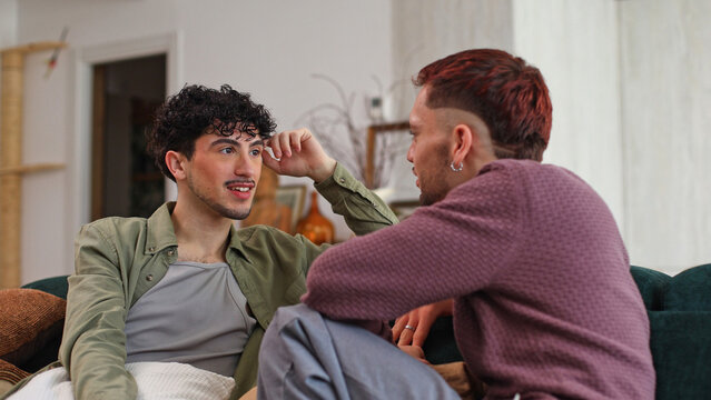 Gay couple enjoying conversation and bonding indoors