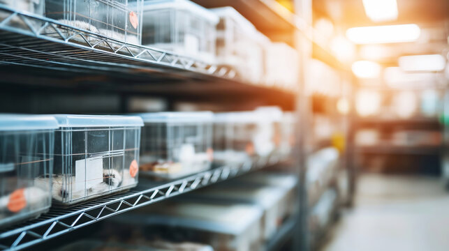 Laboratory animal cages on shelves, housing research subjects for scientific study, medical development, and drug testing
