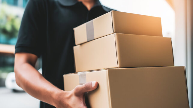 Delivery person in black uniform holding new brown cardboard boxes. Representing efficient e commerce logistics and fast shipping service