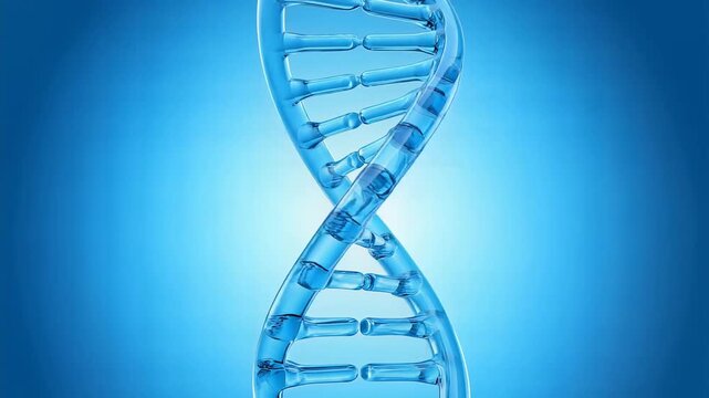 Blue transparent DNA helix structure on a gradient background for science and medical concepts